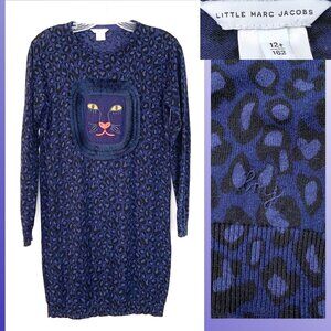 Little Mark Jacobs Girls Navy Blue Leopard Printed Sweater Dress Sz 12